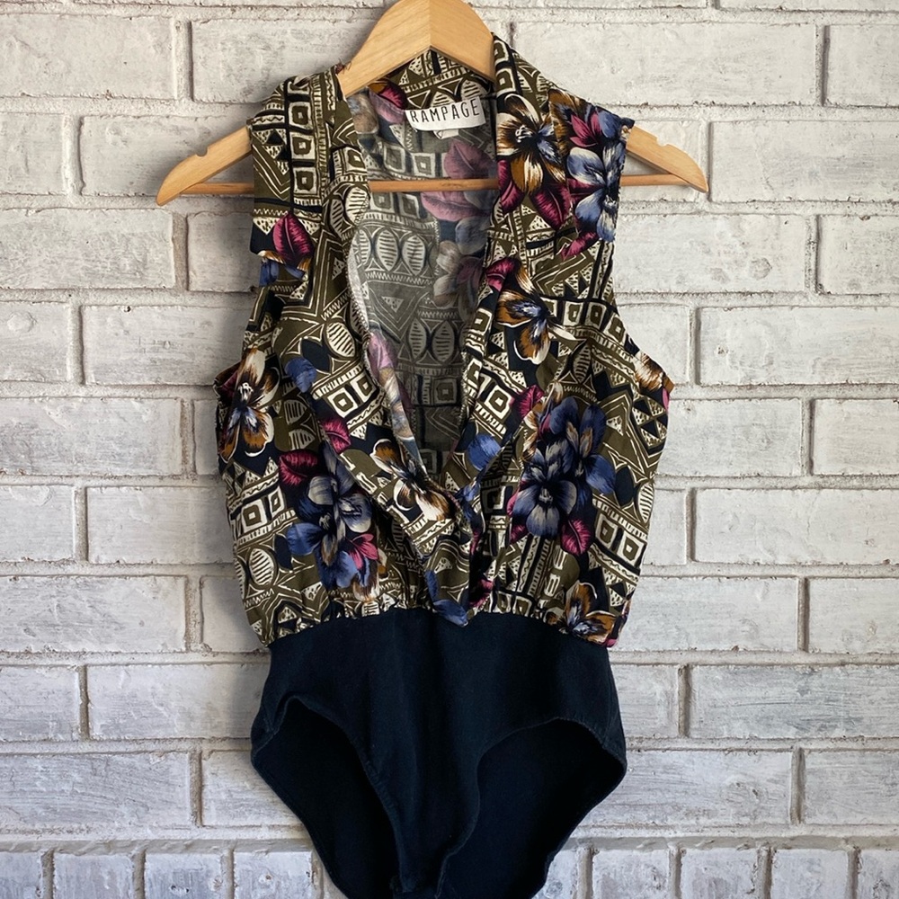 Vintage Rampage low cut Hawaiian floral bodysuit size Large